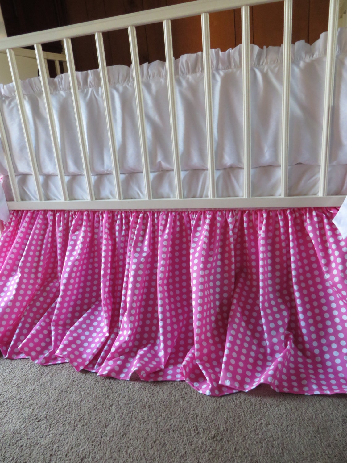 3 Sides Skirt Pink White Polka Dot Crib Skirt Polka Dot Dust Etsy