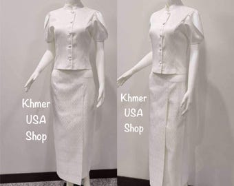 Bust 40&quot; or 42&quot; Thai Khmer Lao White Outfit, Asian Traditional Funeral Dress, Thai Bridals, Funeral Attires, Cambodian White Funeral Outfit