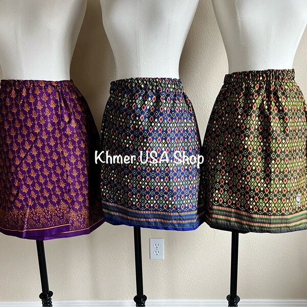 XS-XL, mini length sarong, elastic sarong, everyday skirt, Asian sarong, Khmer, Thai skirt, Khmer Sarong Party Skirt