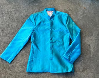 Gebrauchtes asiatisches Herrenhemd S, flach gelegt 38 '', Türkis Kulturelles Hemd, Khmer Thai Lao, Kambodschaner, Hmong, Asiatische Kleidung, Khmer USA Shop