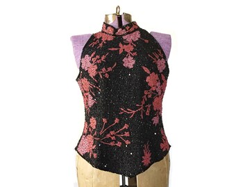 1990s top sequin top sequin shell sequin vest large top black red top halter top beaded top sequin tank goth women's vintage clothing
