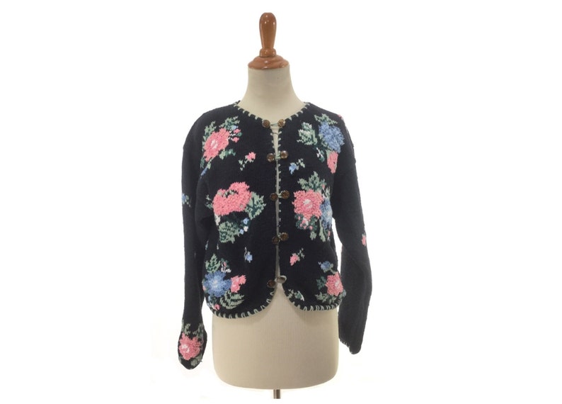 romantic Floral cardigan vintage cardigan floral print Black vintage sweater womens cotton sweater Small or petite sweater jacket