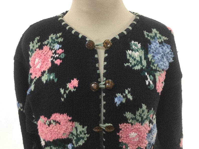 romantic Floral cardigan vintage cardigan floral print Black vintage sweater womens cotton sweater Small or petite sweater jacket