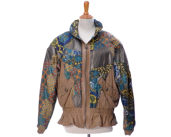 Vintage oversized suede shirt jacket  Color block leather jacket  Women/'s multicolor leather jacket  Ladies button up jacket  Size S