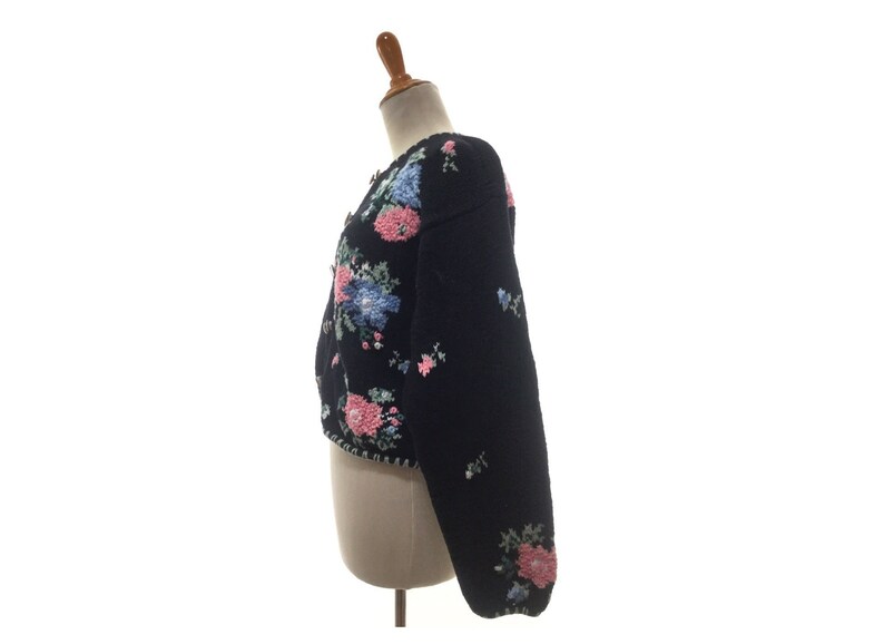 romantic Floral cardigan vintage cardigan floral print Black vintage sweater womens cotton sweater Small or petite sweater jacket