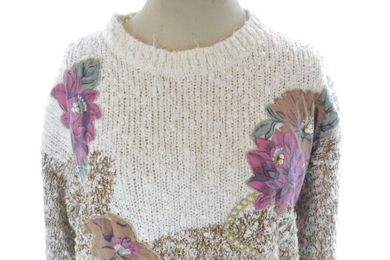 Small 1980s Sweater Womens Floral Top Shirt Golde… - image 2