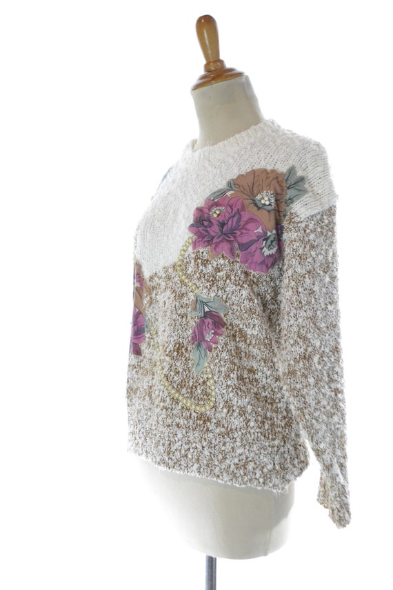 Small 1980s Sweater Womens Floral Top Shirt Golde… - image 3