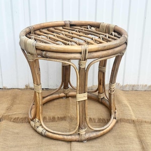 Vintage Round Hand Made Bamboo Side Table Rattan Stool End Table Plant Stand