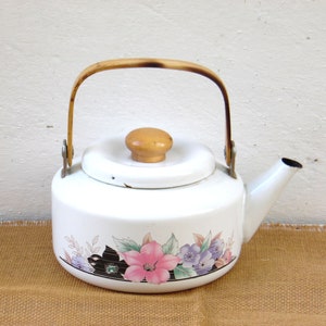 Vintage Enamel Kettle - Enameled Tea Pot - Shabby Chic Kitchen Decor - Farmhouse Decor - Country Cottage Chic