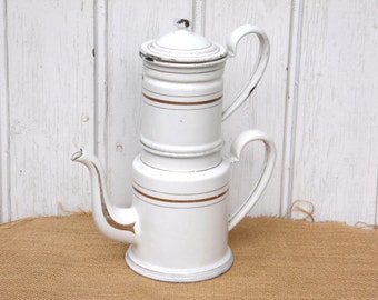 Antique Enamel Coffee Pot - White with Gold Stripe Enamel - Sabby Chic - Country Kitchen Decor - Enamelware