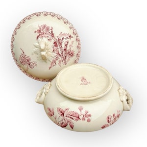 1800s Antique French Terre de Fer White Ironstone Tureen - Pink Transferware - Floral Decor