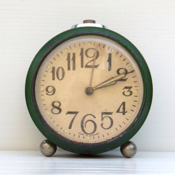 RESERVED - Vintage Dark Green Mechanical Alarm Clock - Made in Hungary