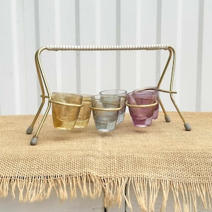 Vintage set 6 x veelkleurig borrelglas met modernistische metalen standaard - borrelglashouder - bargerei