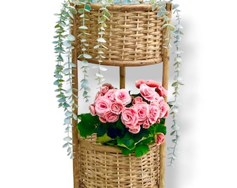 Supporto per piante vintage in bambù e vimini - Fioriera boho - Supporto per fiori intrecciato naturale