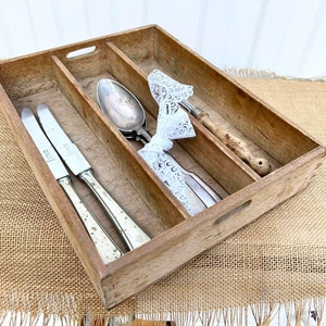 Antique Wooden Cutlery Box - Rustic Storage - Farmhouse Decor