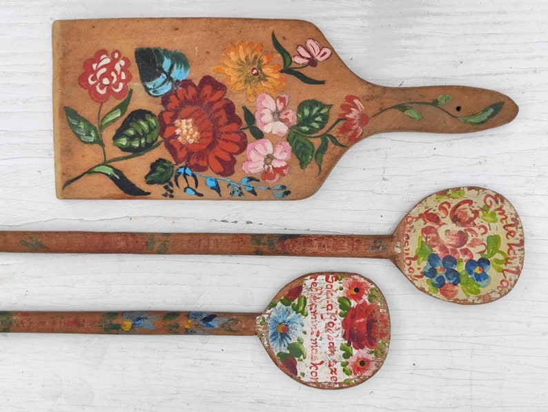 Vintage Kalocsa Cutting Boards and Mixing Spoons Rustic Decor Farmhouse Decor image 1