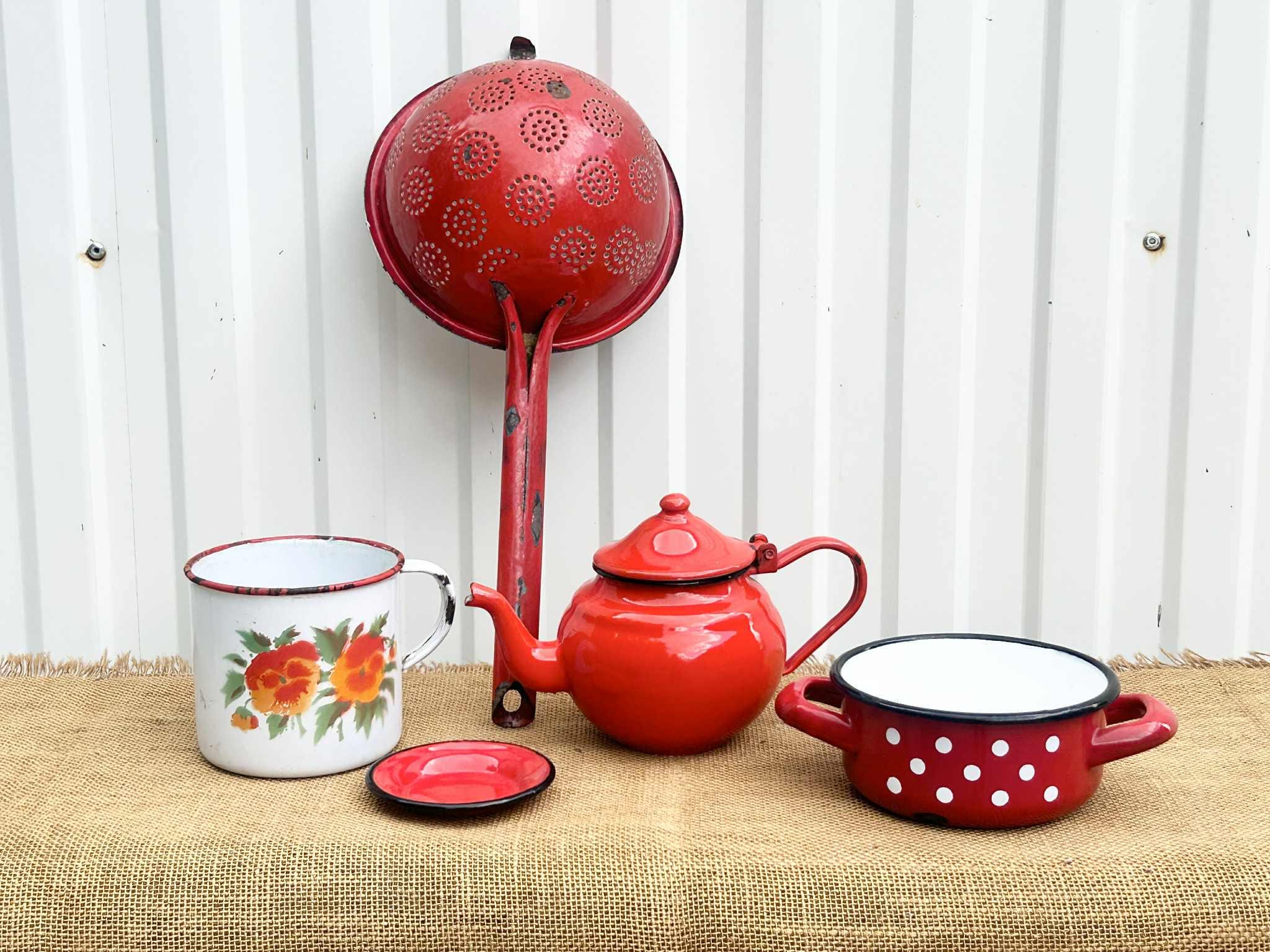 Vintage Red Enamel Kitchenware Set: Country Cottage Chic Decor - Etsy