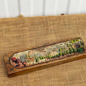 Estuche antiguo de madera primitivo para lápices - Caja con tapa deslizante de arte popular - Portalápices de madera vintage