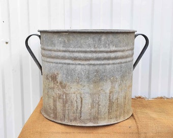 XL Vintage Galvanized Zinc Planter - Hungarian Two Handled Pot - Garden Planter - Rustic Garden Decor - (56)