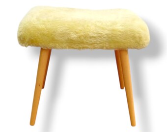 Mid-Century Footstool Yellow Vanity Stool - Vintage Faux Fur Ottoman - Cozy Bedroom Decor