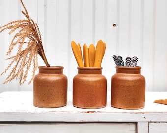 Set of 3 Mustard Jars - Stoneware Kitchen Canisters - Kitchen Storage