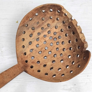 Antique Large Primitive Wooden Spoon Strainer  - Antique Colander Spoon - Hand Carved - Rustic Home Decor