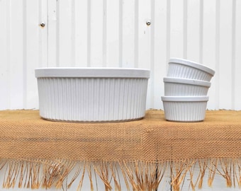 Vintage White Ribbed Souffle Dishes - Set of 4 Round Baking Dishes - Kitchenware, Cookware