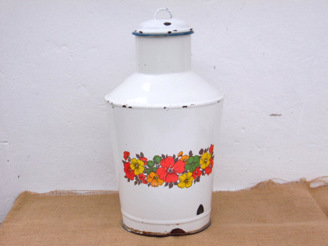 Antique Enamel Water Can Garden Planter Kitchenalia Etsy