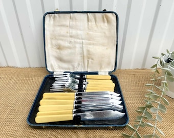 Conjunto de talheres vintage em caixa com tema de peixe, década de 1940 - Shefield, Inglaterra