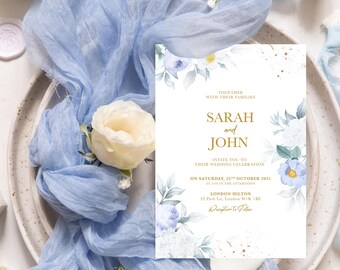 Elegant Blue Floral Wedding Invitation, Printed Invitation, Custom Design, Arabic Wedding Invitation, Wedding Card