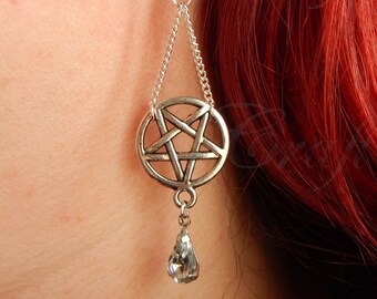 Pentacle earrings in silver tone with chains and crystal teardrops "Magik"