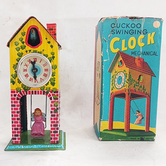 1950's Vintage Tin Cuckoo Swinging Clock Mechanical Bandai Japan