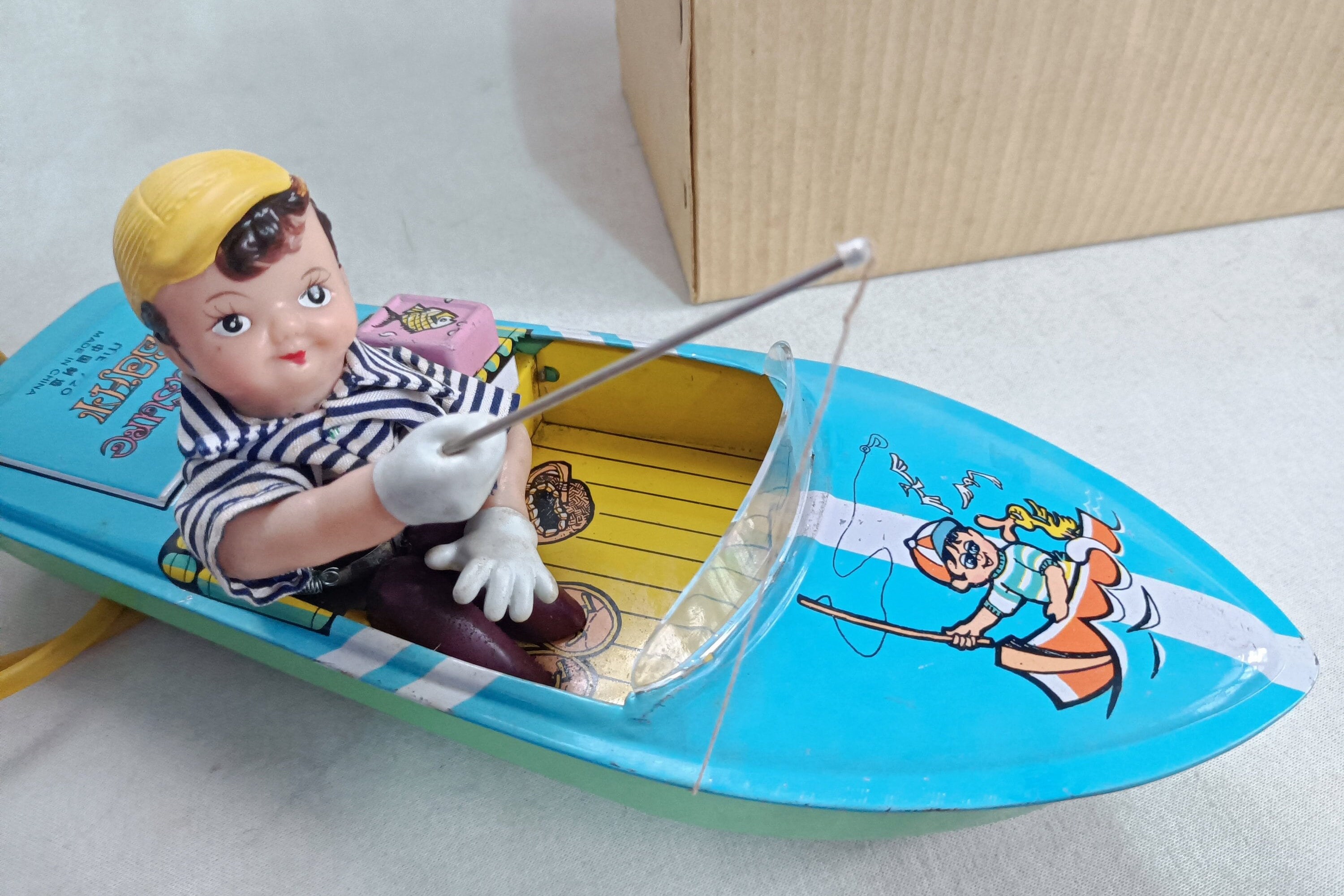Alps Japan Jouet Ancien En Tôle Jolly Fisherman Tin Wind Up Fishing Boy