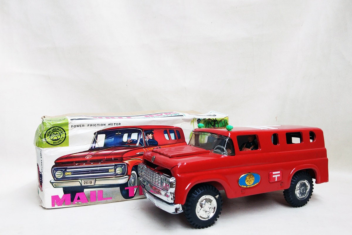 Vintage Tin Toy Mail Truck Marusan Bulldog Ford Japan Friction Powered