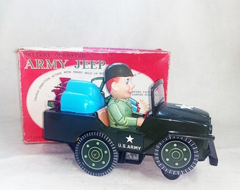 Jeep del ejército japonés Masudaya vintage, juguete de hojalata, en perfecto estado, coleccionable.