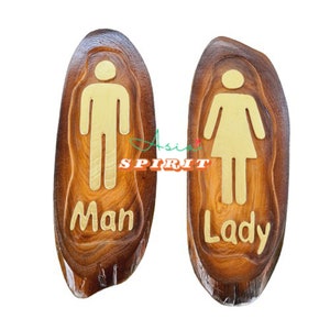 Coppia di cartelli per il bagno in legno di teak intagliati a mano, cartelli per il bagno in legno di teak, cartelli per il bagno rustici