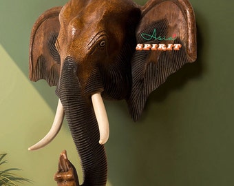 Arte de pared con cabeza de elefante de madera de teca: decoración para el hogar tallada a mano, disponible en varios tamaños
