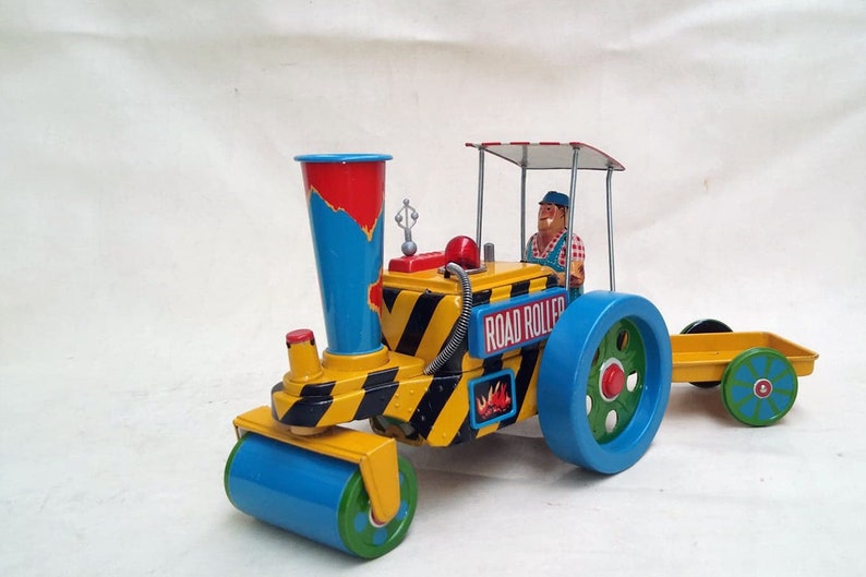 Nos Rare Vintage Tin Toy Steam Roller With Trailer Battery Operated Yonezawa Rosko Tested 1950's
