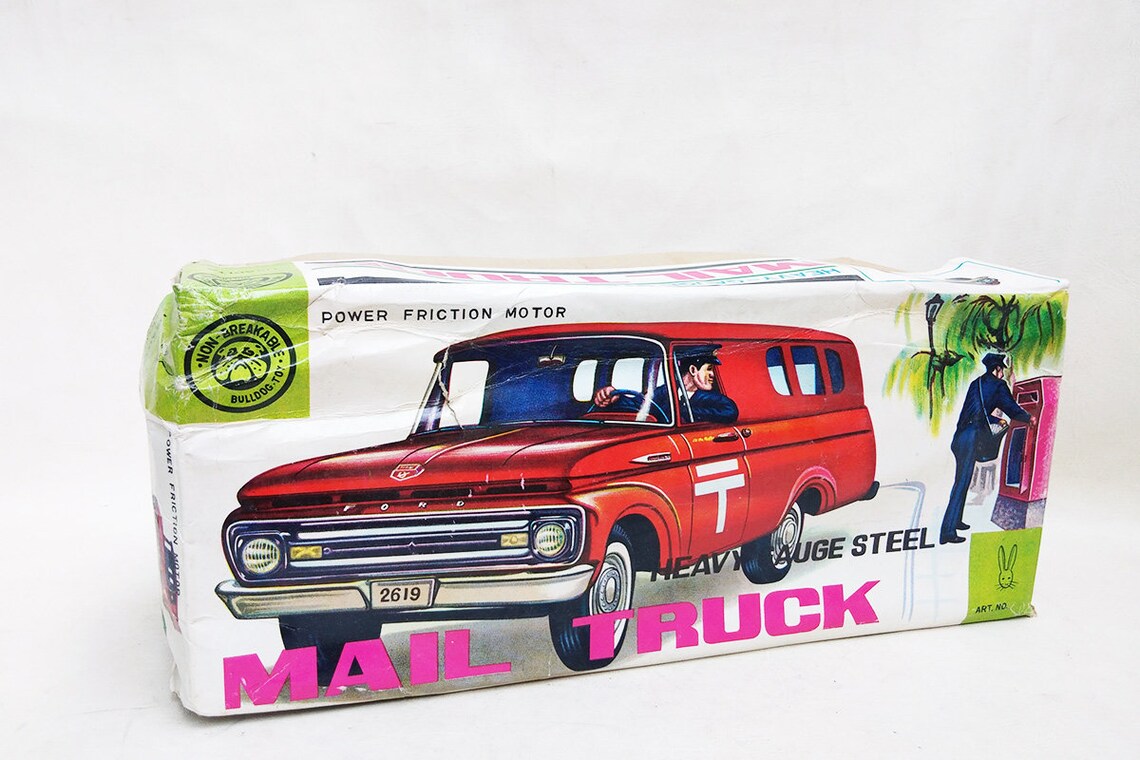 Vintage Tin Toy Mail Truck Marusan Bulldog Ford Japan Friction Powered