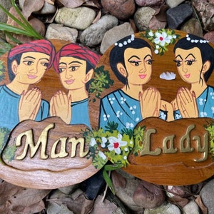 Coppia di targhe in legno di teak fatte a mano, targhe per WC, targhe in legno