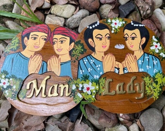 Cartello per WC in legno di teak fatto a mano: cartello per WC rustico, set da 2 pezzi