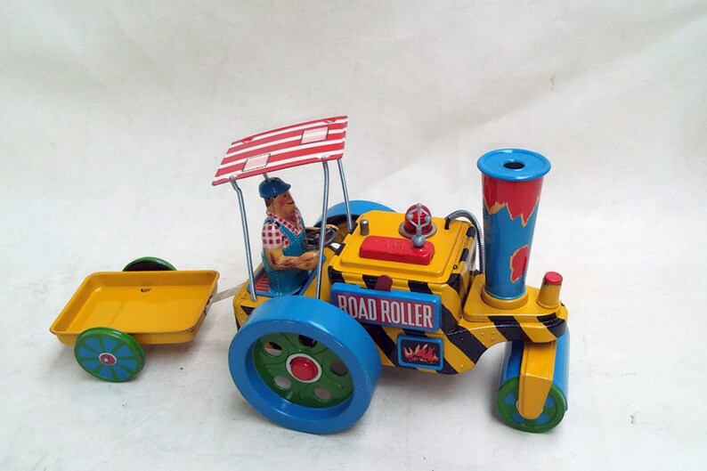 Nos Rare Vintage Tin Toy Steam Roller With Trailer Battery Operated Yonezawa Rosko Tested 1950's