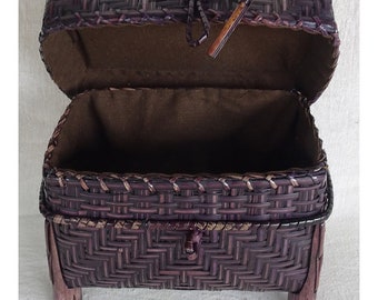 Handwoven Smoked Bamboo Basket with Lid: Small Rustic Storage