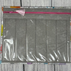 May include: A gray zippered pouch with a clear plastic front and a pink zipper pull. The pouch has a white and gray patterned fabric with a swirl design.