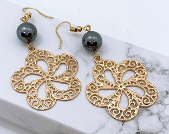 Spiraling Tropical Plumeria Flower Earrings: Hamilton Gold Earring with Shell Pearls