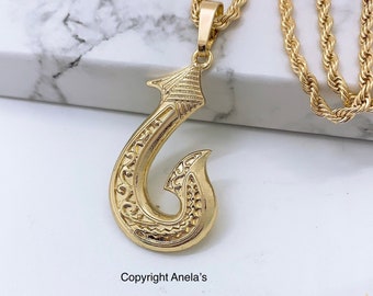 Hawaiian Fish Hook with Rope Chain Hamilton Gold Necklace