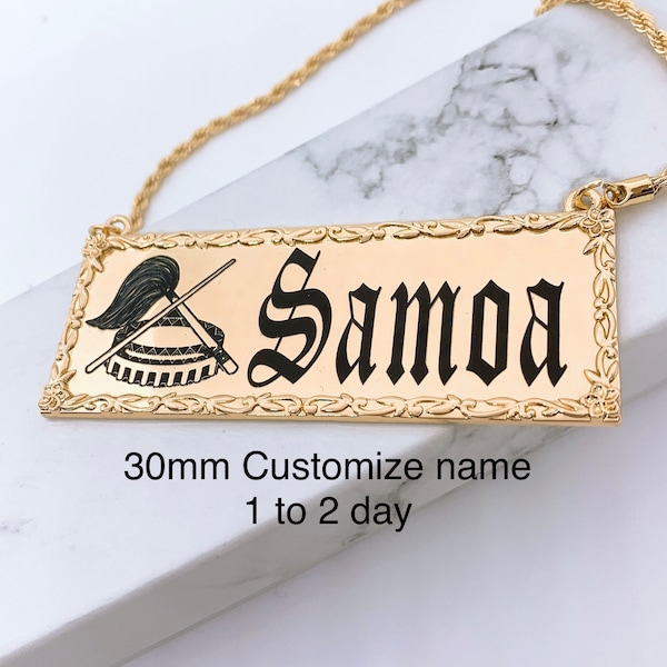 Samoa Seal Kava Bowl Jewelry 30mm Flower Border Personalized Customize Name Plate Necklace 18in Rope Chain with 3in Extension: Hamilton Gold