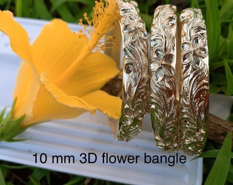 10MM Hawaiian Hamilton Gold Plumeia Flower 3D Bangle