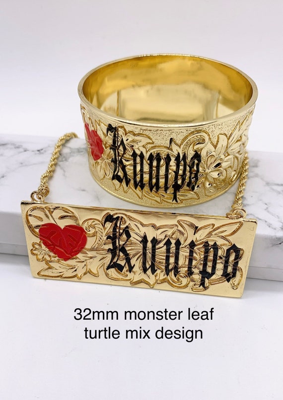 Customize Name 32mm Hawaiian Honu Turtle Monstera Leaf Hamilton Gold Bangle and Necklace Set 18in Rope Chain With 3in Extension Etsy Canada