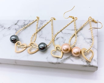 Heart Charm Teardrop: Hamilton Gold Earring with  Shell Pearls Chocolate or White